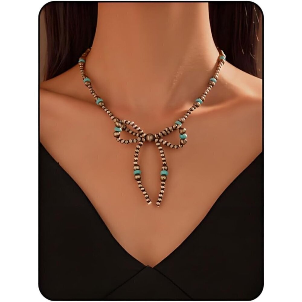🆕 Women Blue Western Bow Pearl Necklace Trendy Dainty Cowgirl Birthday Jewelry